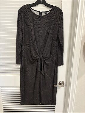Ann Taylor Black Polka Dot Tie Front Dress Size 14 Stretch Long Sleeve Midi